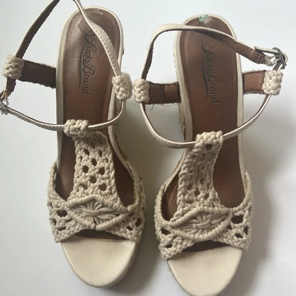 Lucky Brand Y2K Cream Crochet Boho Festival Strap Espadrille Wedge Sandal Sz 8